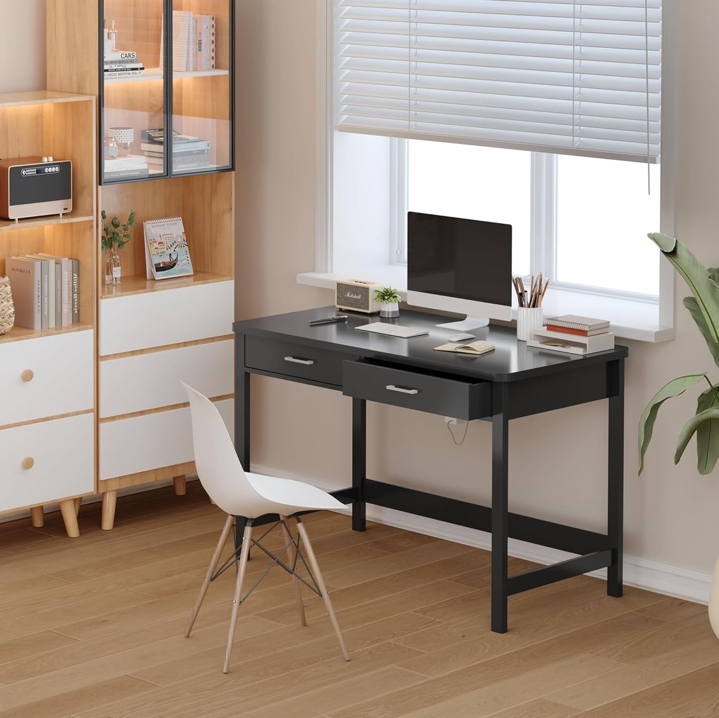 4NM 39.4" Small Desk with Wood Drawers, Home Office Computer Desk with Wooden Legs, Study Writing Table Vanity Desk for Small Spaces - Black