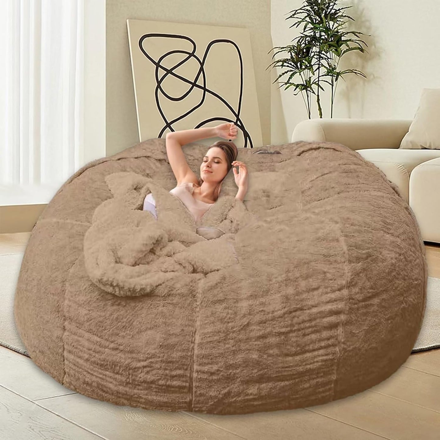 Bean Bag Chair for Adults Kids Without Filler Comfy Giant Round Lazy Sofa Chair Cover Floor Chair Cover for Bedroom Living Room, 7FT, Khaki