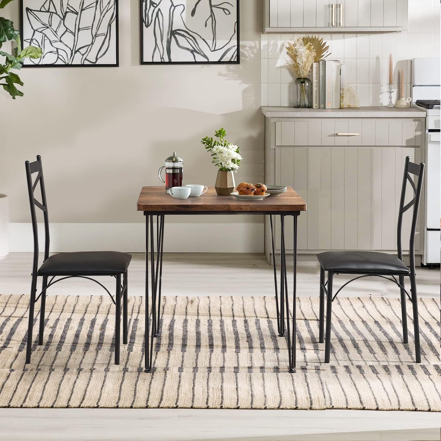 VECELO Kitchen Dining Room Table Set with 2 Chairs for Small Space, Apartment,Metal Steel Frame