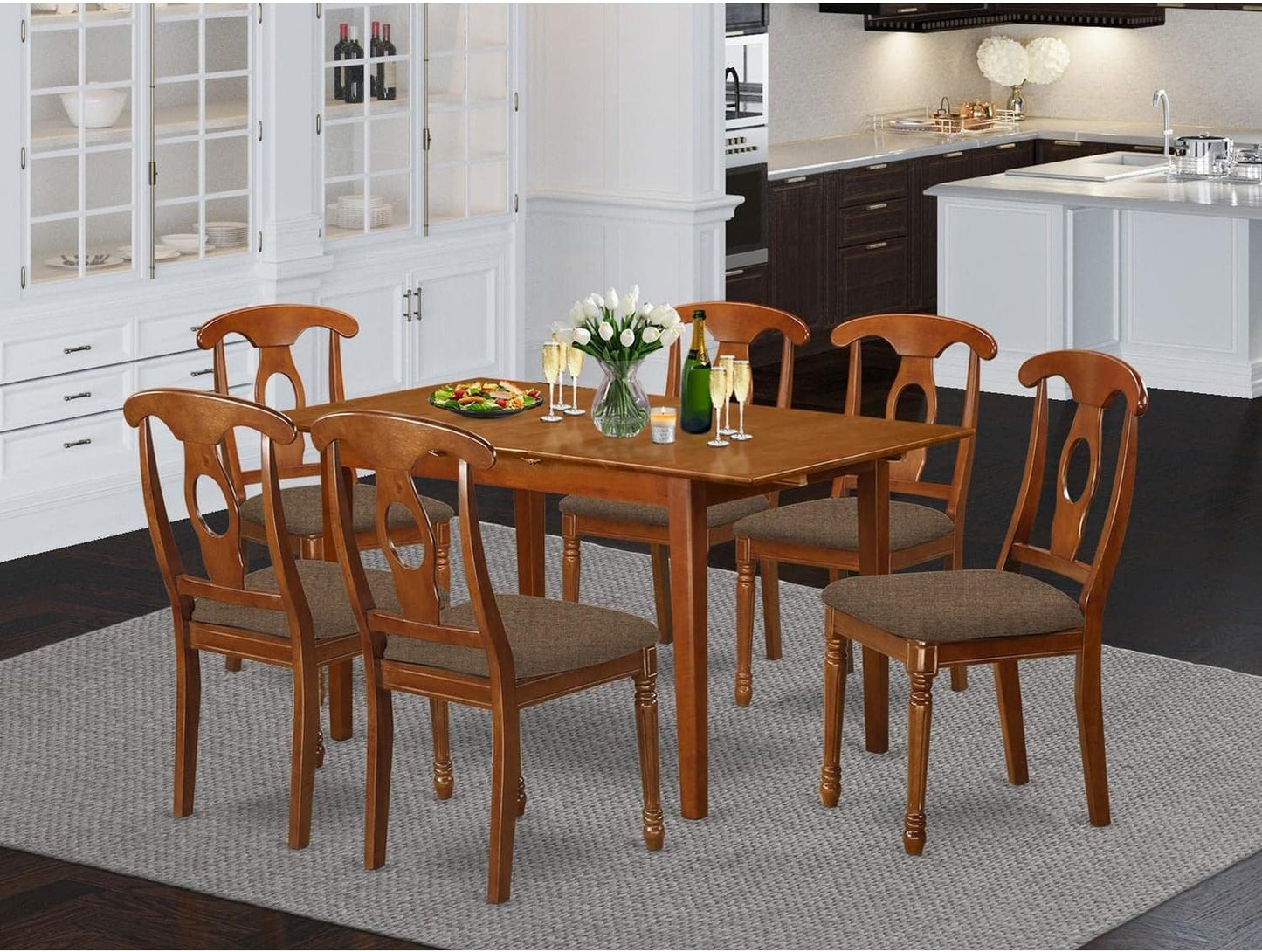 East West Furniture PSNA7-SBR-C 7 Piece Dinette Set Consist of a Rectangle Dining Room Table with Butterfly Leaf and 6 Linen Fabric Upholstered Dining Chairs, 32x60 Inch, Saddle Brown