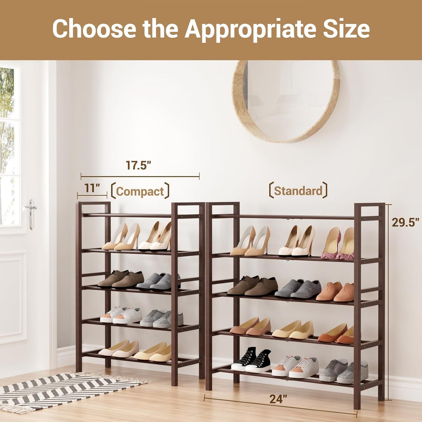 Haddockway Bamboo Shoe Rack for Closet, Free Standing Shoe Organizer with Smooth Round Rods & Convenient Handles, Stackable Shoe Storage Shelf for Entryway, Hallway(Brown, 5-Tier(Small))