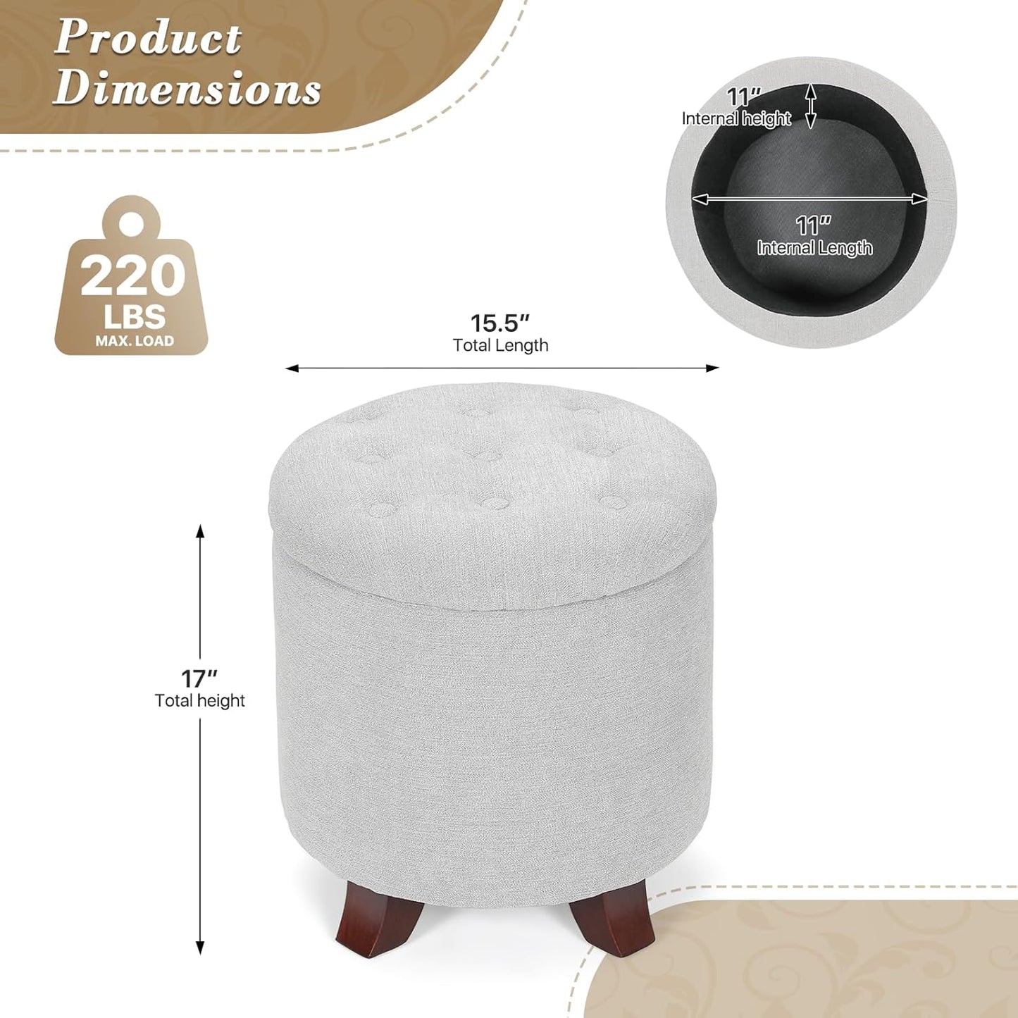 Athena Collection 15 Inch Small Ottoman with Storage, Round Linen Fabric Storage Ottoman Foot Rest with Removable Lid, Multipurpose Footstool Footrest for Living Room, Bedroom, Dorm, Grey