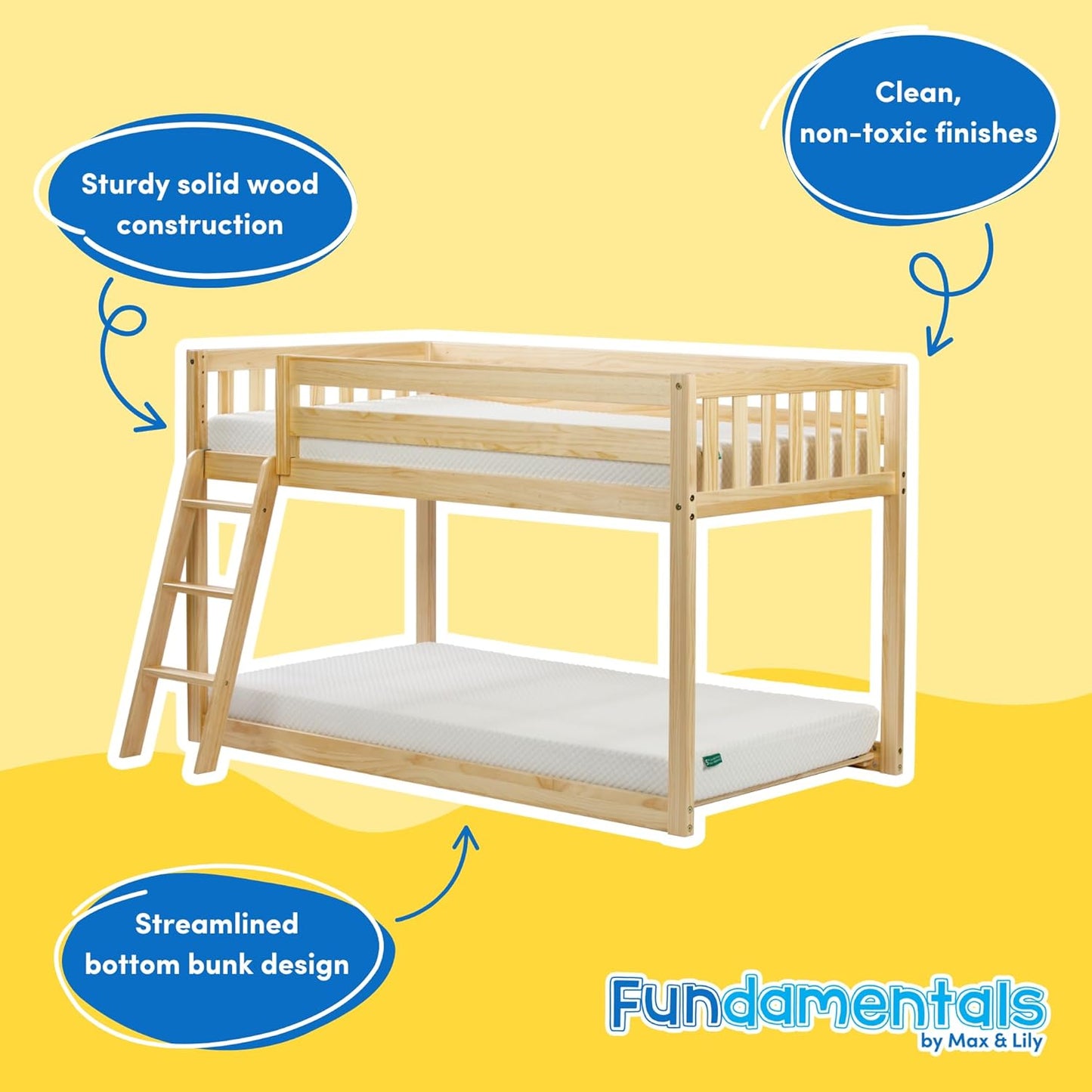 Max & Lily Fundamental Twin Low Bunk Bed, Kids Solid Wood Modern Bed Frame with Strong Wooden Slats, Non-Toxic Finishes, High Weight Capacity, Natural