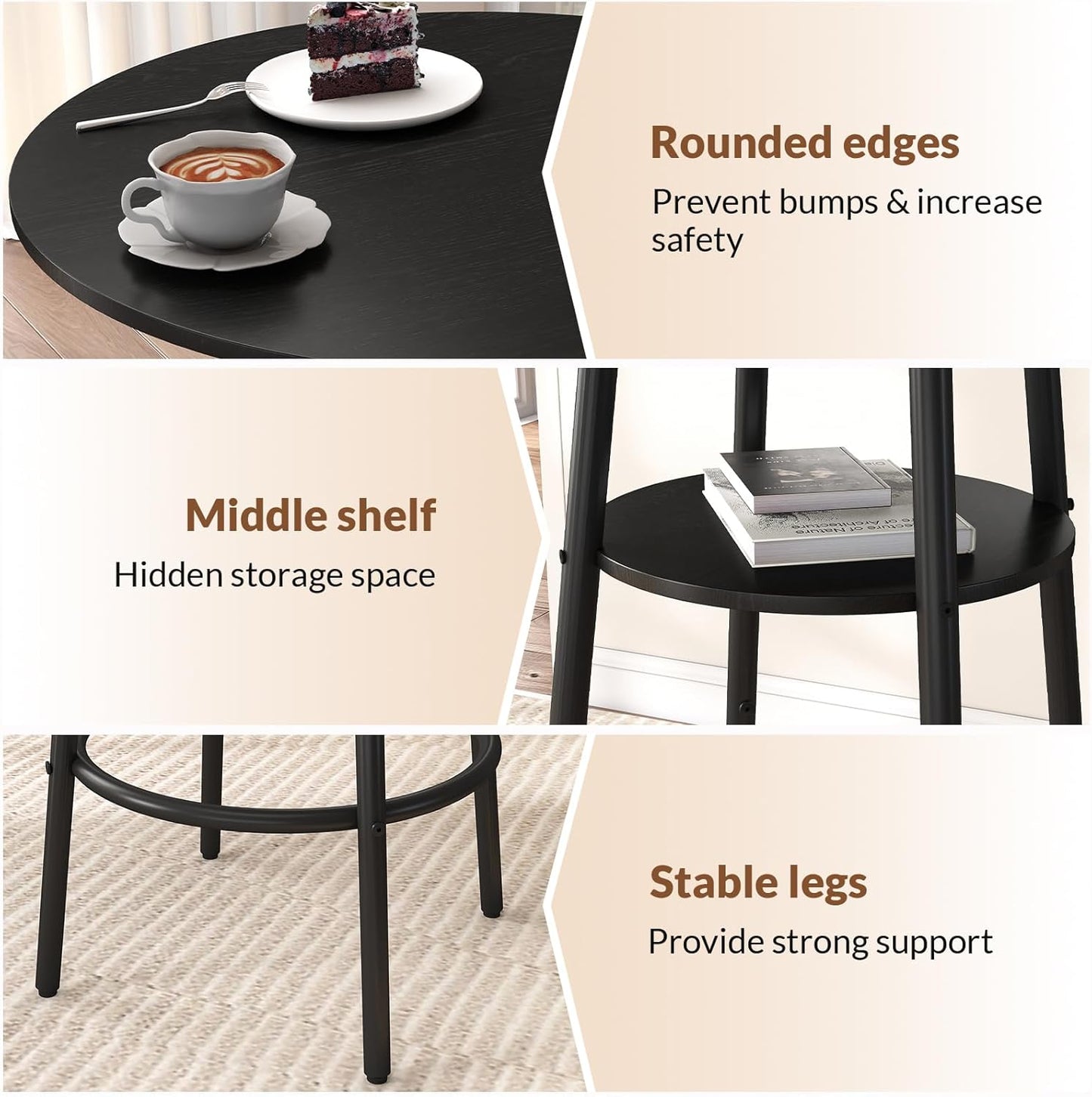 3 Pieces Round Bar Table Set, Small Dining Table for 2, Black Kitchen Bar Table, Breakfast Table with Storage, 2 Thickened Cushion Stools with Backrest for Dining Room & Bistro-Black