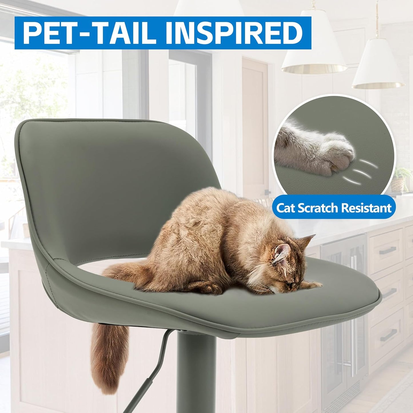 YOUNIKE Bar Stools Set of 2 Modern Swivel Barstools, Adjustable Counter Height Bar Stools Faux Leather Upholstered Counter Stools with Hollow Back for Kitchen Island, All Olive Green