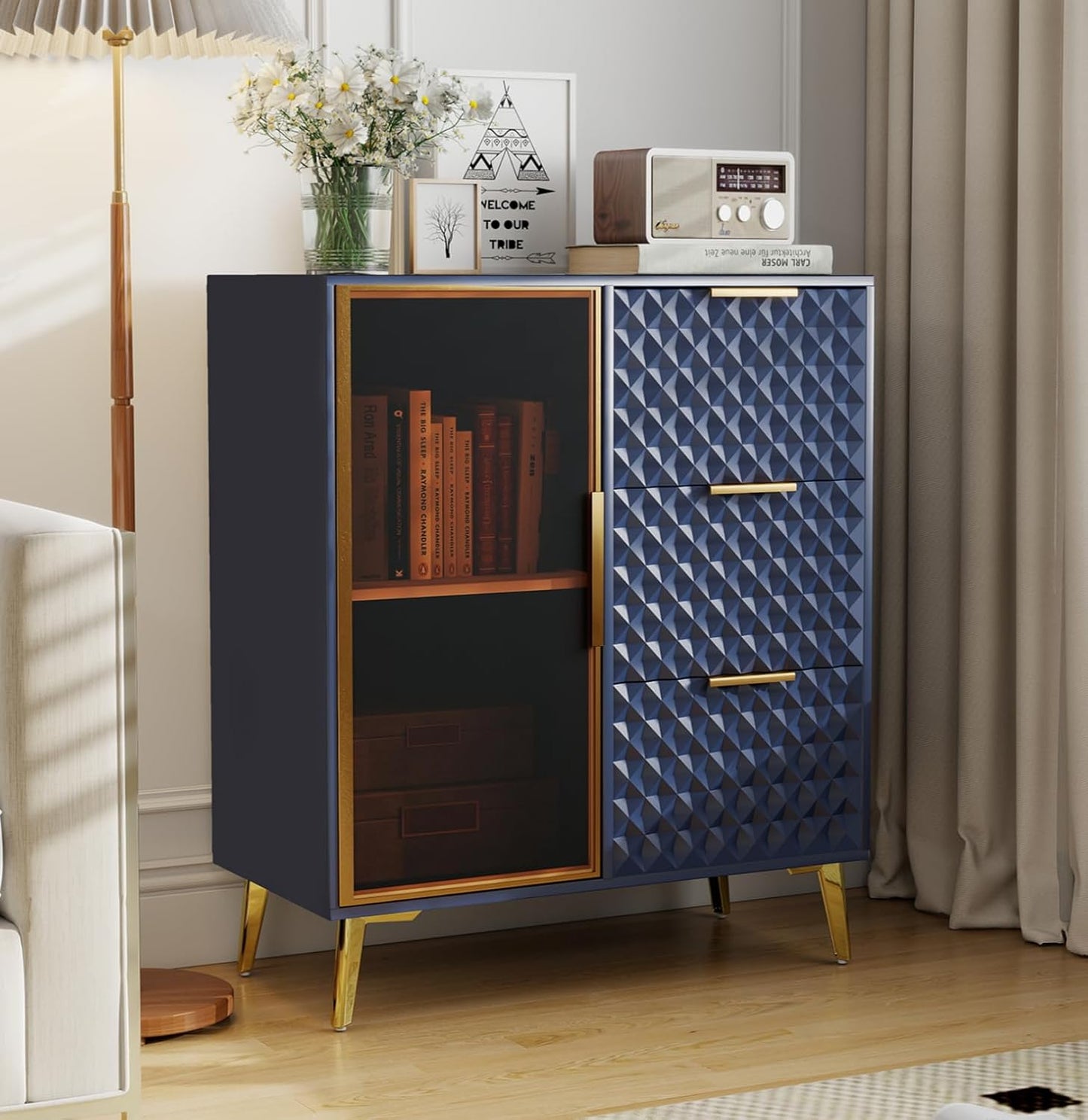 Rovibek Modern Sideboard Cabinet with Storage, Small Kitchen Buffet Cabinet with Glass Door & 3 Drawers, 31" Accent Sideboard Buffet for Kitchen, Living Room, Blue