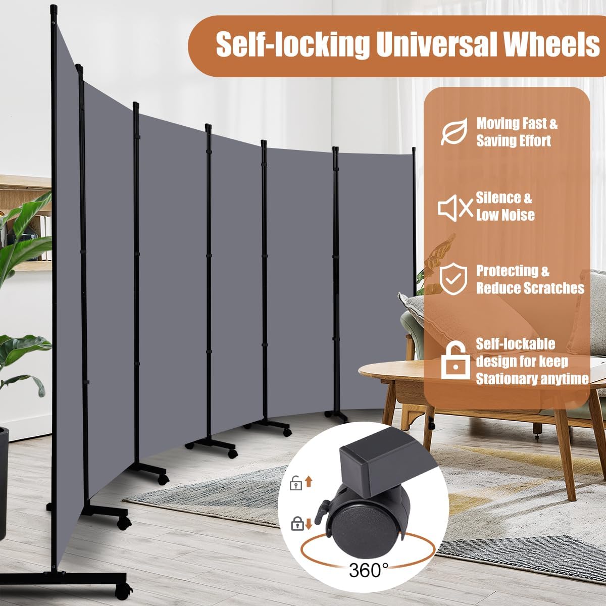 Room Divider Portable 132'' Partition Room Dividers and Folding Privacy Screens 6 Panel Wall Divider for Room Separation, Freestanding Fabric Room Divider Panel with Wheels for Home Office Hospital