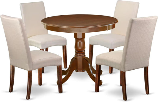 East West Furniture ANDR5-MAH-01 5 Piece Kitchen Table & Chairs Set Includes a Round Dining Room Table with Pedestal and 4 Cream Linen Fabric Parson Dining Chairs, 36x36 Inch, Mahogany