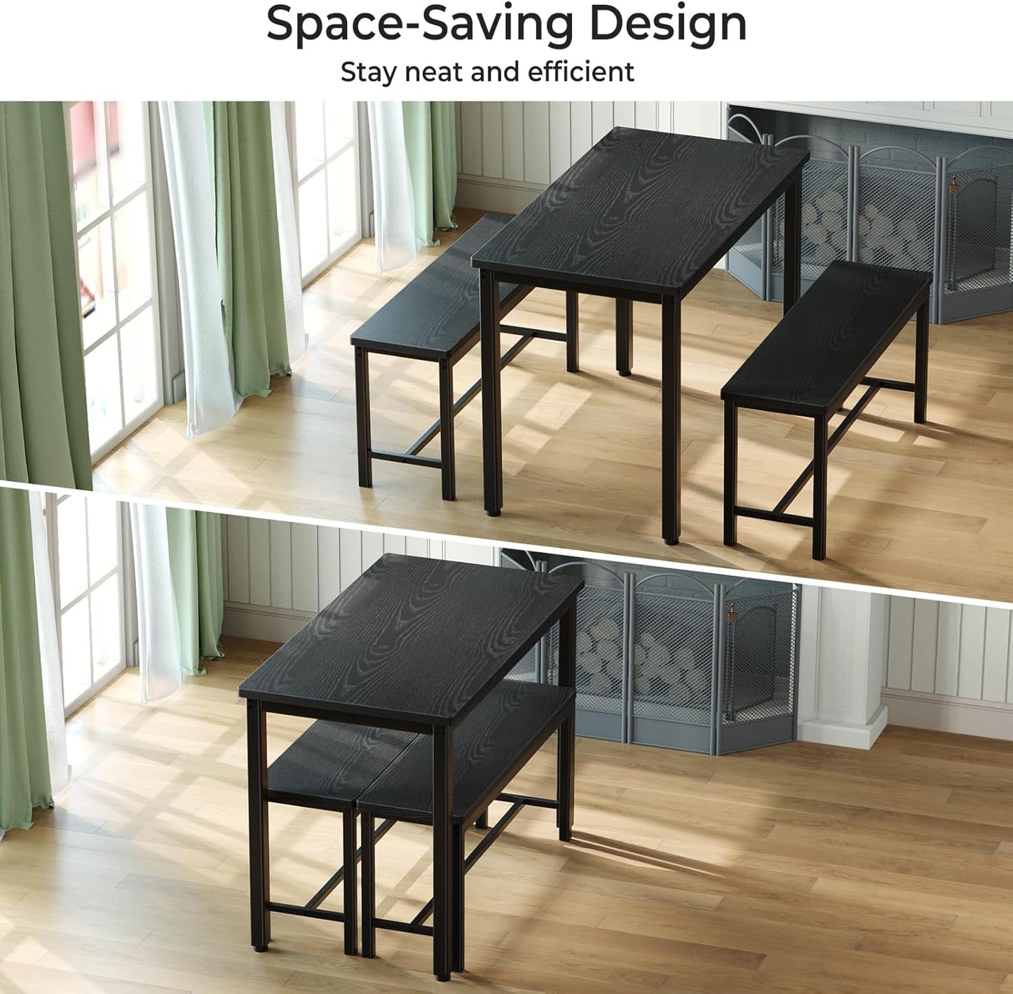 Tatub Dining Table Set for 4, 3-Piece Kitchen Table with 2 Benches, Space-Saving Dining Room Set for Breakfast Nook and Small Spaces, Black