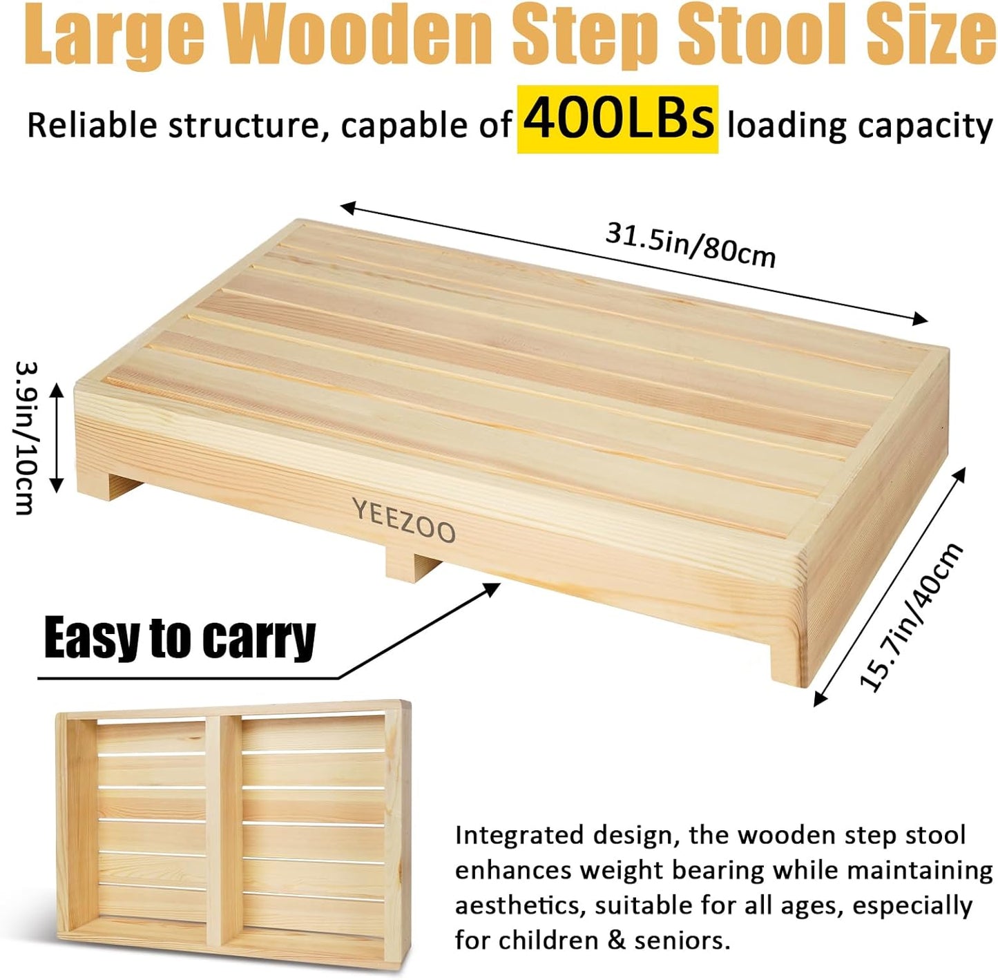 Wooden one Step Stool- Solid Pine Wood Step Riser with Non-Slip Pads, Wood Step Stool for Elderly Adults, high Bed, Bathroom, Kitchen (31.5" L*15.7" W*3.9" H, Natural, 400LBs Capacity)