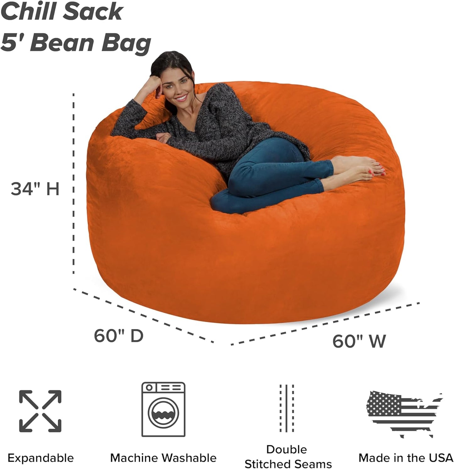 Chill Sack Bean Bag Chair - 5' Giant Memory Foam Lounge Chair with Soft Microfiber Cover – Cozy Furniture for Living Room, Dorm, & Kids' Rooms – Comfortable 5 Ft, Microsuede Lounge Sofa, Orange