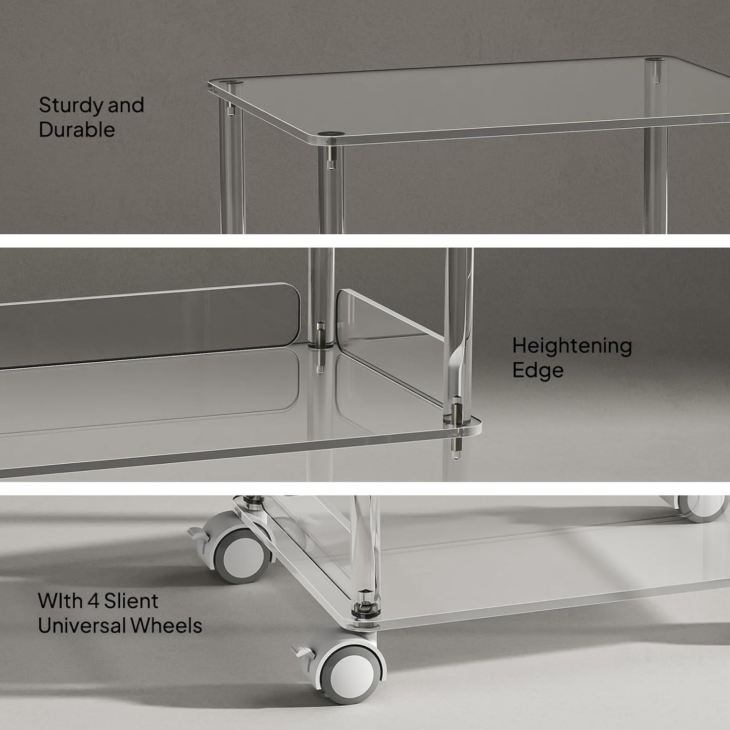 AQUIVER Acrylic Rolling Side Table - 3 Tiers End Table with Lockable Wheels - Small Clear Table for Living Room, Bedroom, Office - 15.6'' L x 11.6'' W x 24'' H