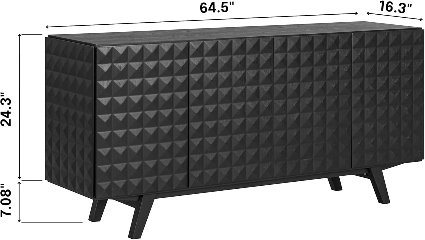 NTC Sapa Mid-Century Modern Solid Wood Sideboard – 4-Door Accent Buffet Cabinet with Carved Geometric Fronts, for Living Room, Dining Room, or Entryway, Effortless Assembly, Burnt Black