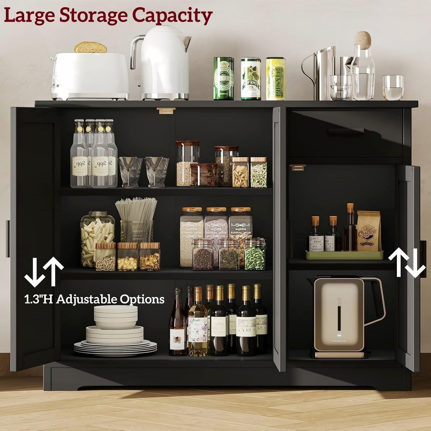 Irontar Kitchen Storage Cabinet, Sideboard Buffet Cabinet with Rattan Doors, Farmhouse Console Table with Drawer, Coffee Bar, Accent Table for Kitchen, Living Room, Hallway, Black and Natural CWG010BM