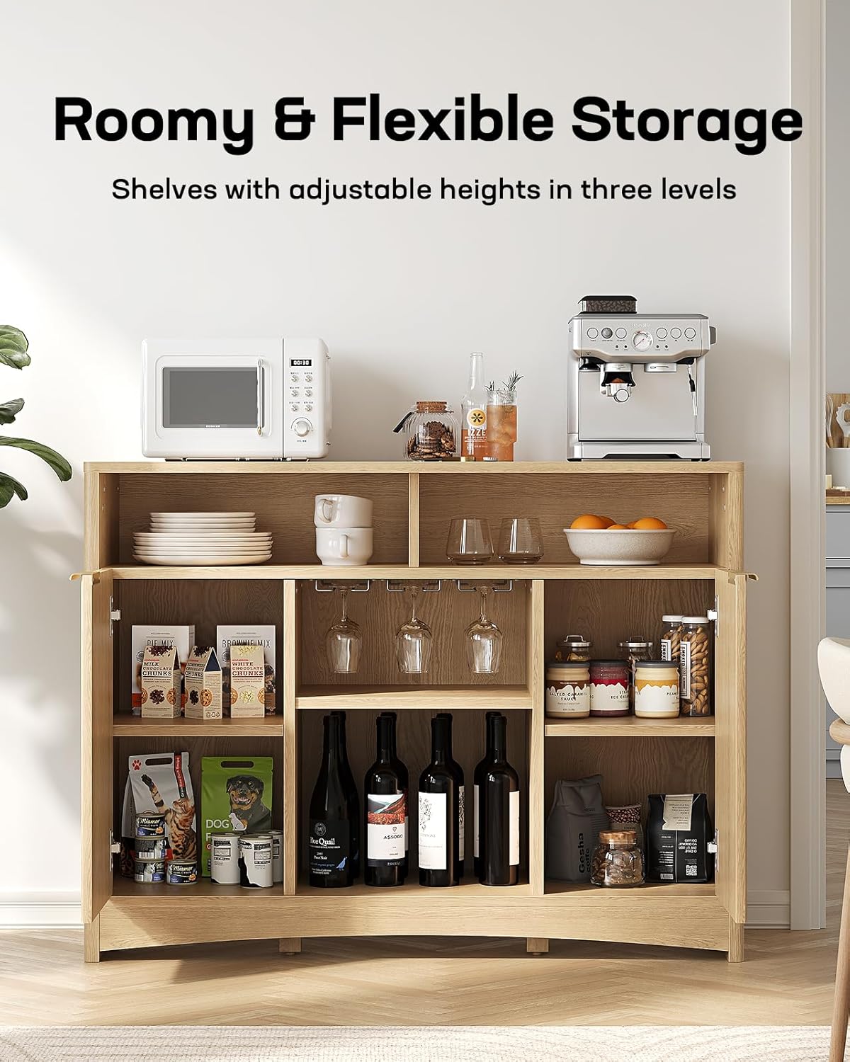 Marsail 47.2" Bar Cabinets with Storage, Modern Buffet Cabinet, Large Sideboard with 2 Fluted Panel Doors, Coffee Bar Cabinet with Adjustable Shelf and Glass Rack for Kitchen, Living Room, Natural Oak