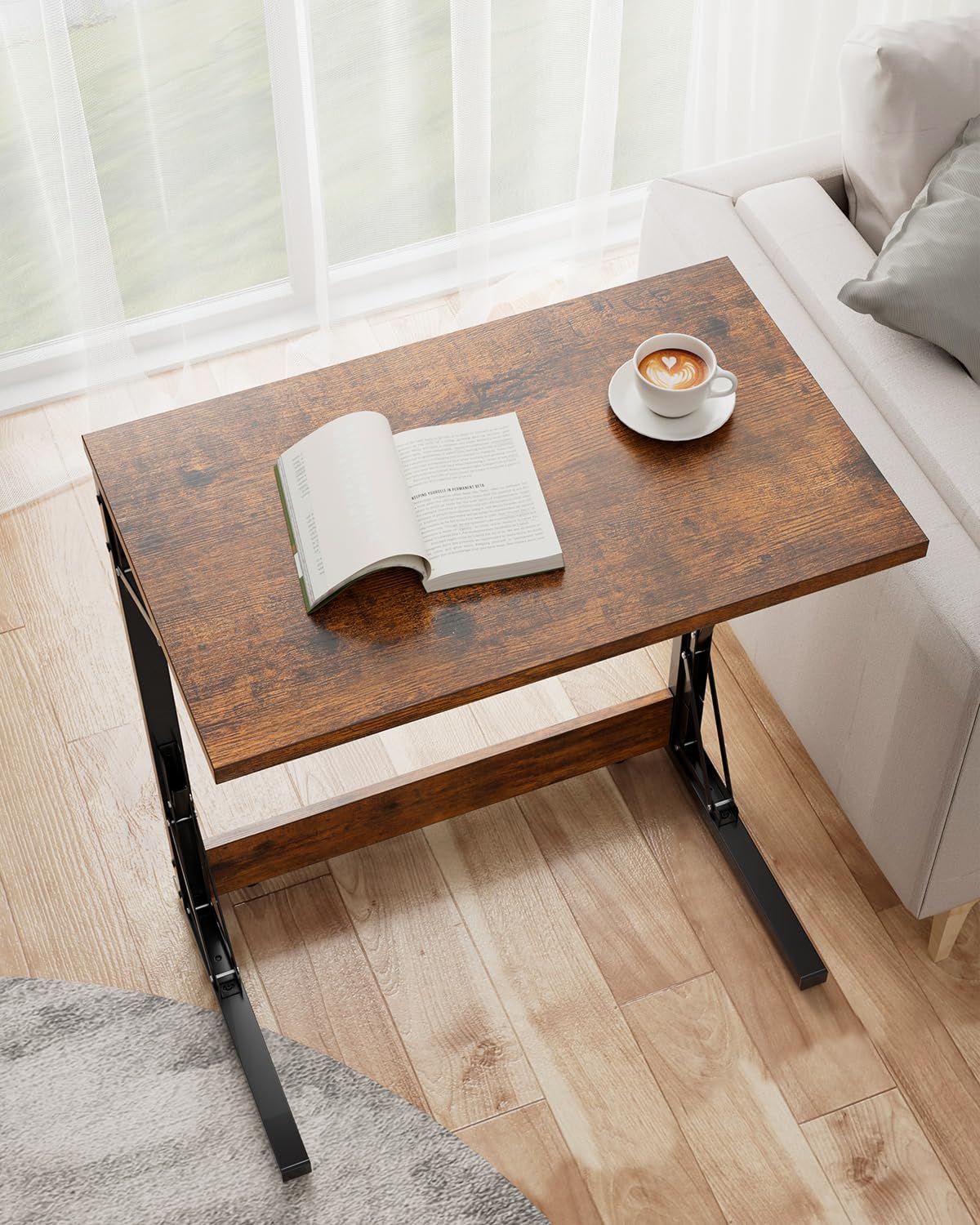 Tatub Folding TV Tray Table Set of 4, 24" Wide C-Shaped End Table for Couches, Small Sofa-Side Laptop Desk with Metal Frame for Living Room, Bedroom, Rustic-Brown