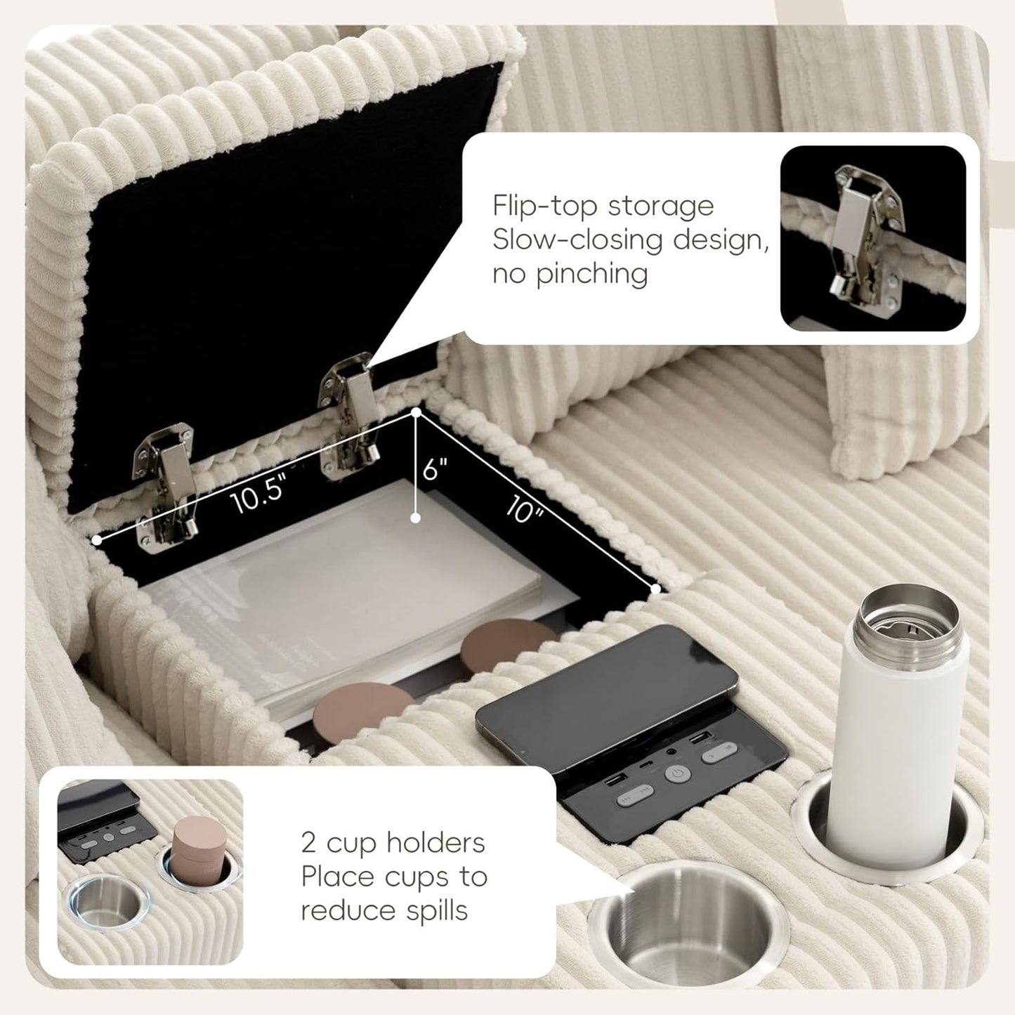 Merax 114 * 64" Corduroy Sectional Couches with Bluetooth Speakers, Storage, Ottoman & Pillows, Upholstered Modular Sofa Chaise with Console, USB Charger, Cup Holders for Living Room Apartment, Cream