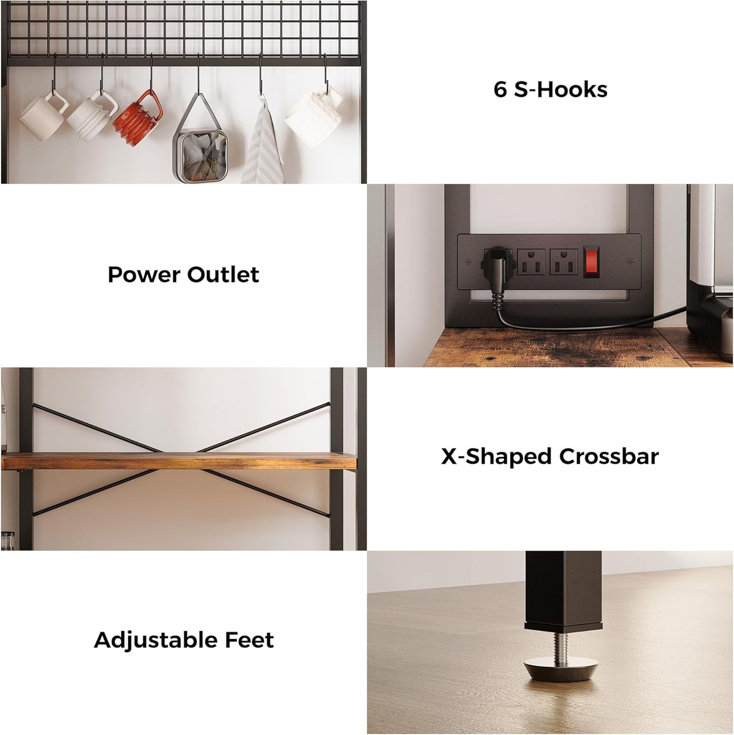 IRONCK Bakers Rack with Power Outlet, 5-Tier Corner Microwave Stand with Storage, Coffee Bar with 6 S-Shaped Hooks, Kitchen Shelves with Wire Basket