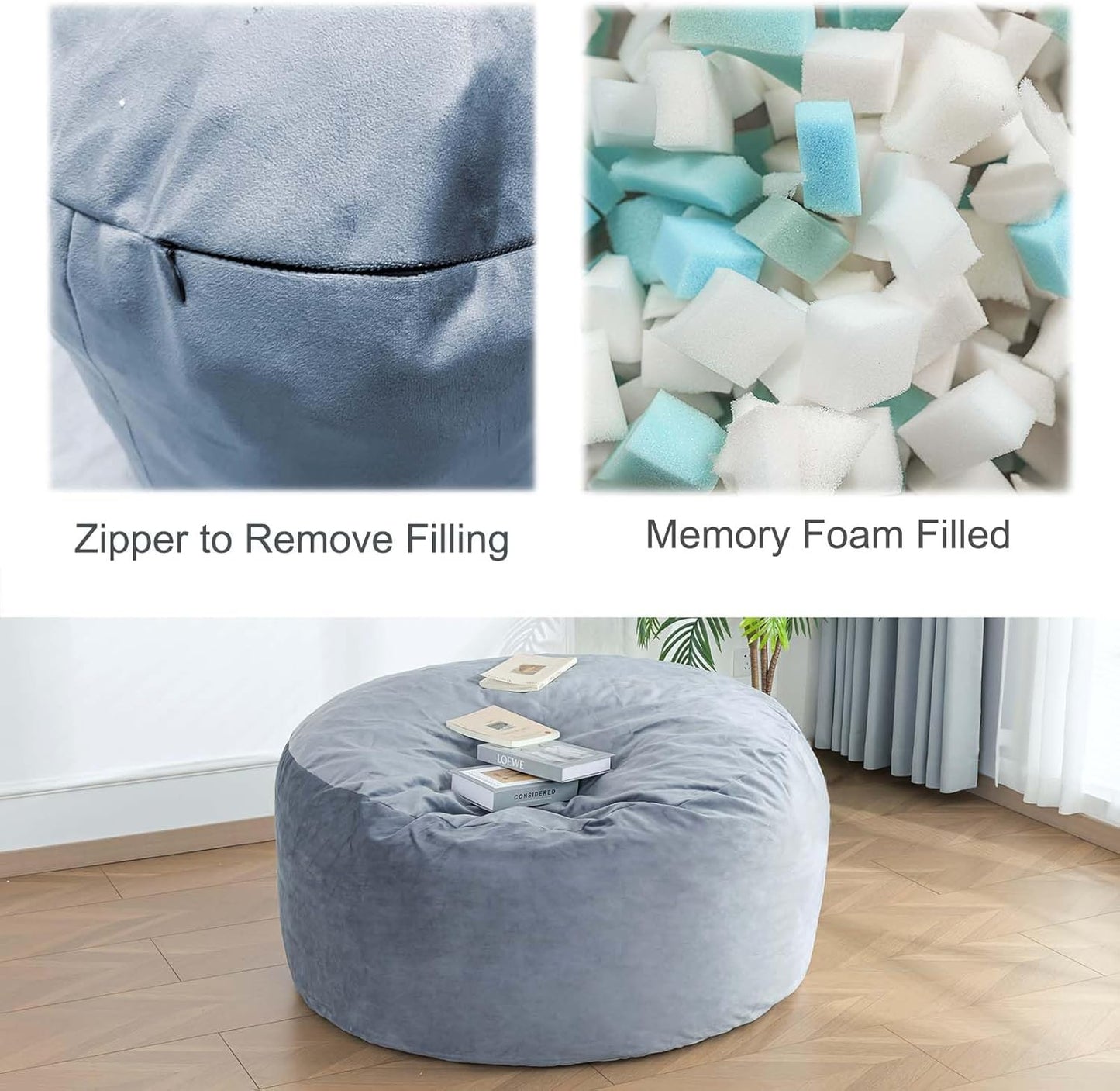 Bean Bag Chairs, Memory Foam Stuffing Bean Bag Chair for Adults/Teens/Kids, Velvet Lazy Sofa Furniture with Removable High-Rebound Memory Foam for Living Room Bedroom College Dorm