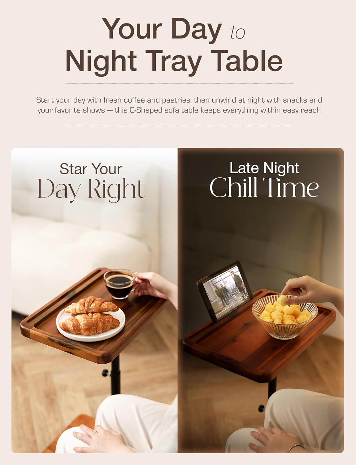 HOLANA Acacia Wood Adjustable C-Shaped Couch Table – 360° Swivel Side Table for Sofa - Small End Table for iPad, Laptop, or TV Tray – Eating Trays for Living Room or Bedside Use (Acacia)