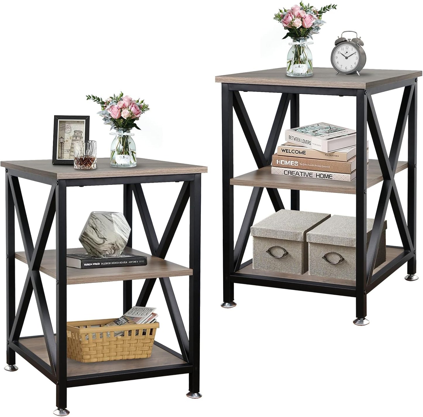 End Tables Living Room Set of 2, 16" D x 16" W x 24" H, Indoor Side Tables Living Room with Storage Shelf, Square End Table Set of 2, X-Shaped Night Stands for Bedroom, Farmhouse Wood End Tables, Grey