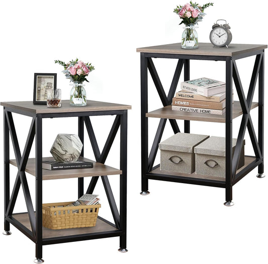 End Tables Living Room Set of 2, 16" D x 16" W x 24" H, Indoor Side Tables Living Room with Storage Shelf, Square End Table Set of 2, X-Shaped Night Stands for Bedroom, Farmhouse Wood End Tables, Grey