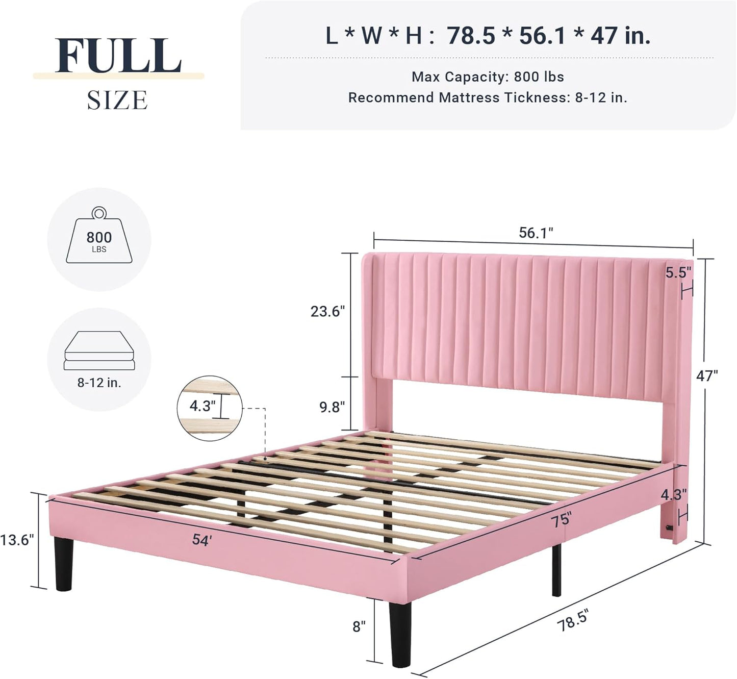 Allewie Full Size Velvet Bed Frame/Vertical Channel Tufted Wingback Headboard/Upholstered Platform Bed/Strong Wooden Slats/No Box Spring Needed/Easy Assembly/Pink