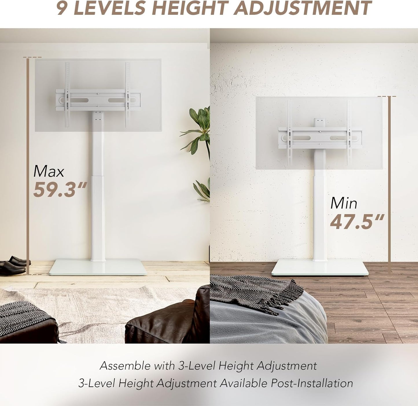 AX WABER Universal Floor TV Stand with Mount 70 Degree Swivel 9 Level Height Adjustable and Space Saving Design for Most 27 to 65 inch LCD, LED OLED TVs, Perfect for Corner & Bedroom White AX1006TW