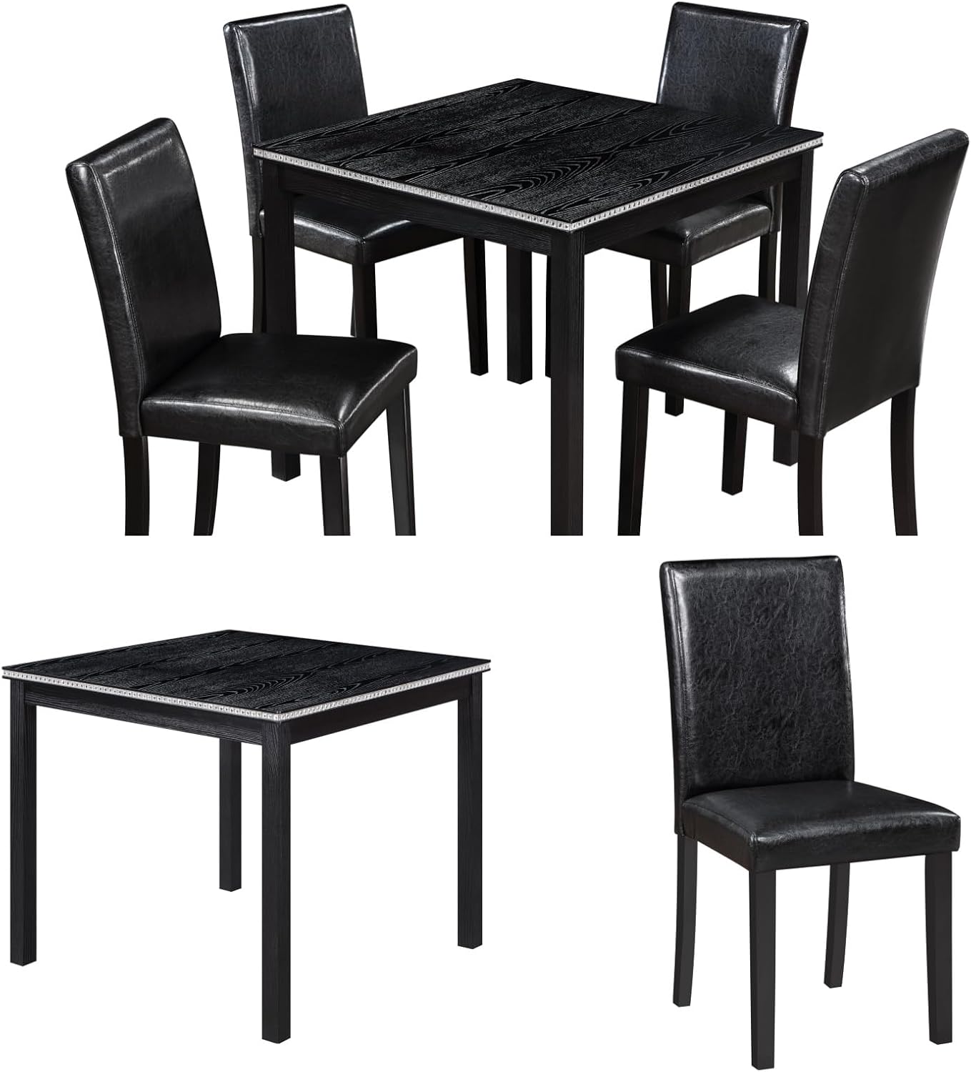 Dining Table Sets, 5-Piece Kitchen Table & Chair Sets with Square Crystal Decoration Table & 4 PU Upholstered Chairs,Wooden Dining Table Set for Dining Room,Black