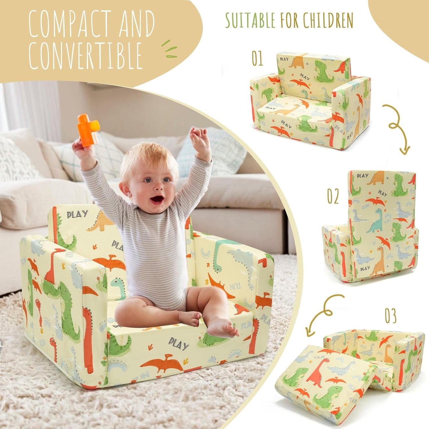 Dinosaur Kids Sofa Bed,Diary Kids Couch- Convertible 2-in-1 Lounger with Detachable Washable Cover, Foldable Toddler Chair, Flannel-Covered Toddler Armchair for Bedroom, Playroom, Naps & Travel