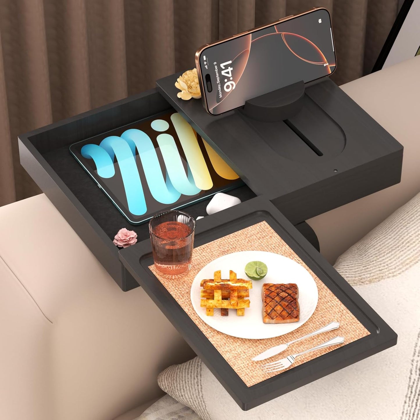 Bamboo Couch Armrest Table with Couch Cup Rest,Non-Slip Armrest Tray Table for Couch,Adjustable Sofa Table with Rotating Phone Holder,Perfect for Living Room and Dining,Black