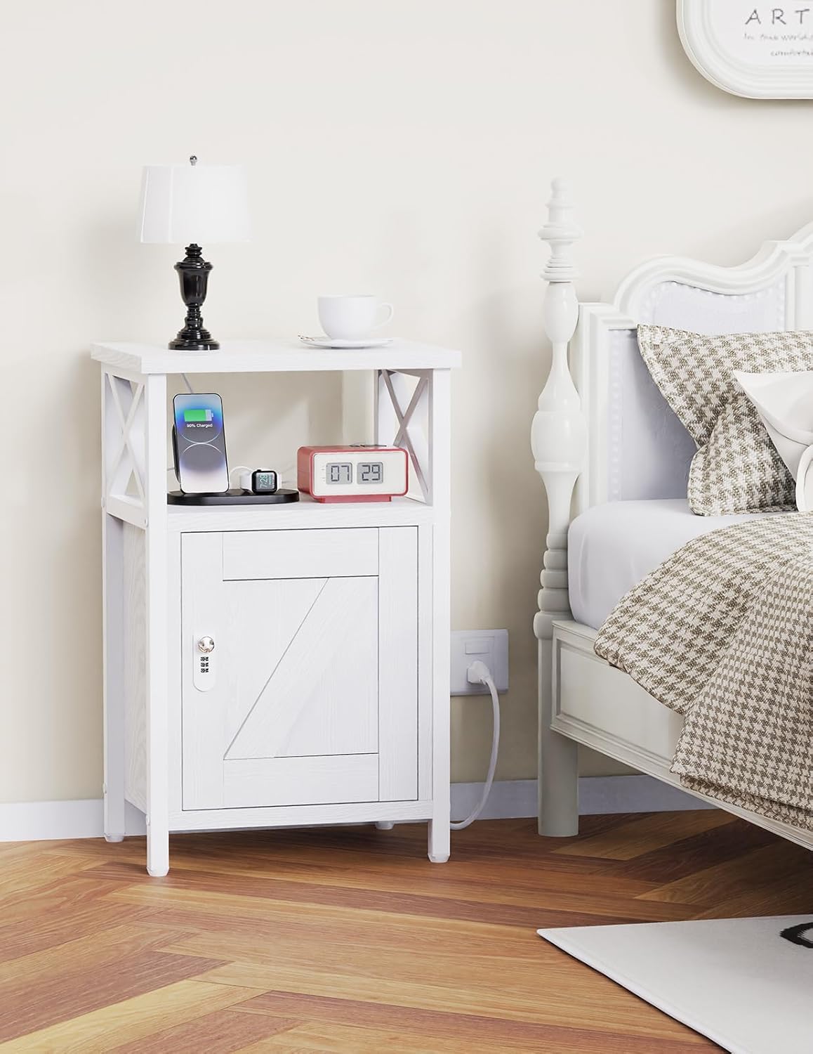 Wooden Nightstand with Lock, Bed Side Table with Drawers, Bedside Table with Charging Station, 3 USB & 2 Outlets, Night Stand with Storage, End Tables for Living Room, Bedroom, Dorm, White