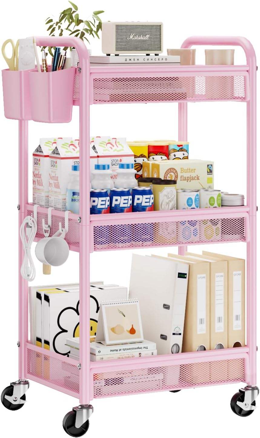 YASONIC 3 Tier Rolling Cart – Metal Utility Storage Cart with Wheels, Craft Cart Organizer with Hanging Cups, Hooks, Mesh Basket for Bedside Kitchen Office Art, Pink