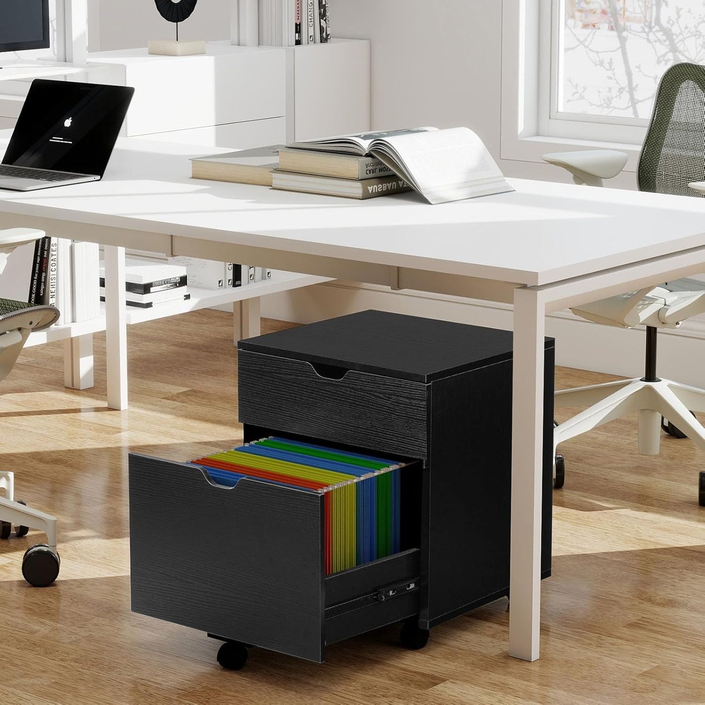 HollyHOME File Cabinet, 2 Drawers Filing Cabinet for Home Office, with Wheels, for A4, Letter Sized Documents, Hanging File Folders,Black