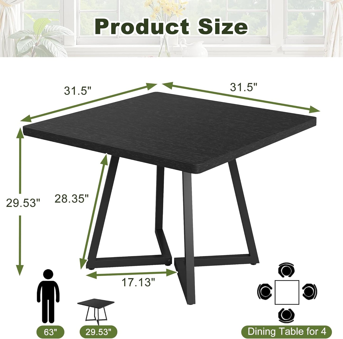 NicBex 31.5 Inch Square Dining Table for 4, Wooden Small Dinner Table Farmhouse Kitchen Tables with Metal Leg for Dining Room, Kitchen, Living Room, Black