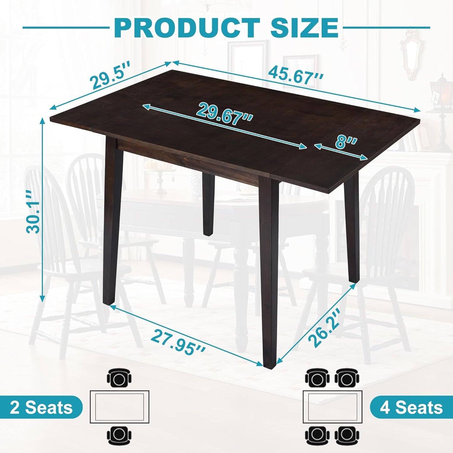 29"- 45" Extendable Dining Table for 2-4, Folding Square Dinner Table Small Kitchen Dining Room Tables with Wood Legs for Small Space, Kitchen, Living Room, Espresso