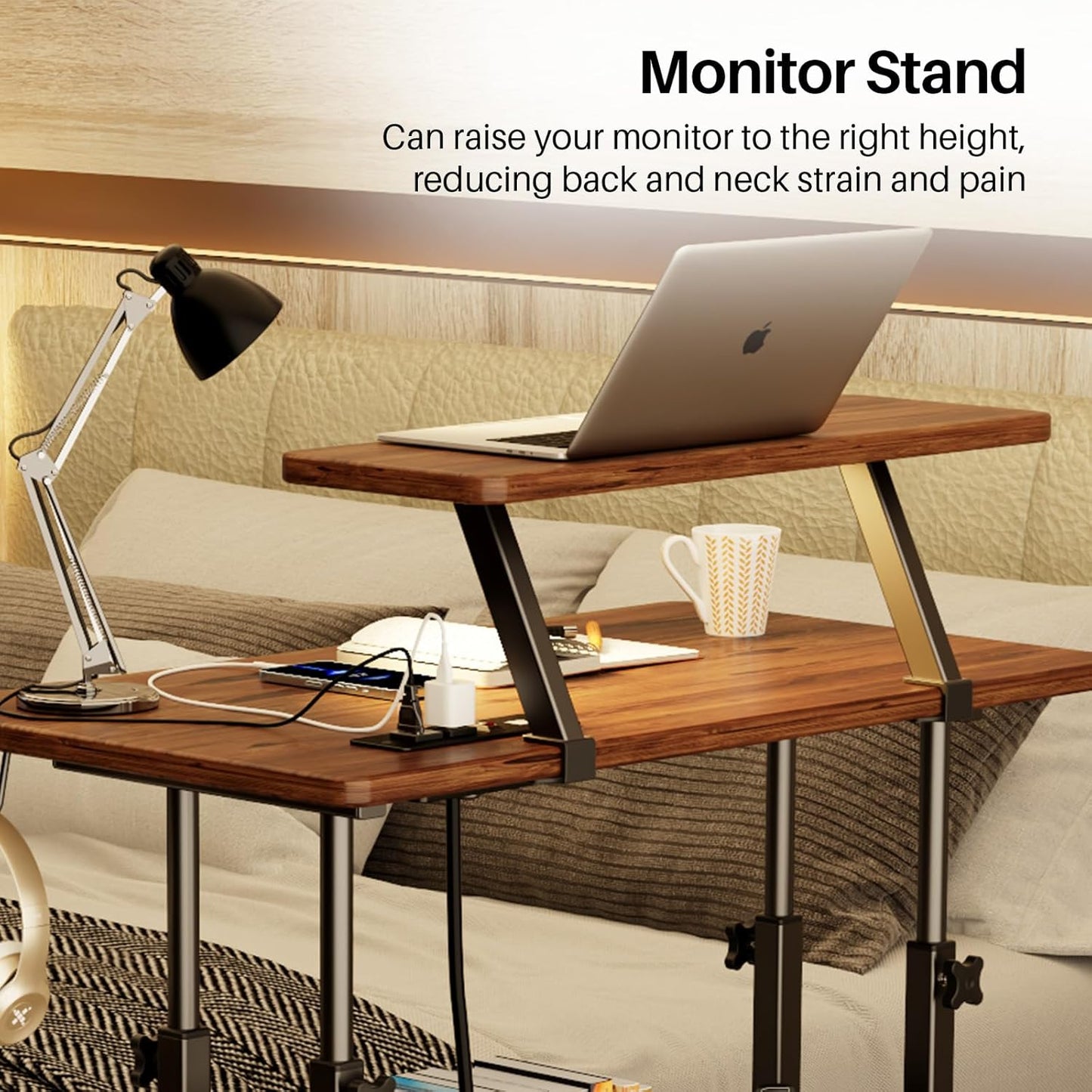 Adjustable Height Standing Desk with Power Outlets, Rolling Stand Up Desk with Monitor Stand and Storage Shelves, 31.5" Small Mobile Computer Desk, Portable Laptop Table (Retro Brown)