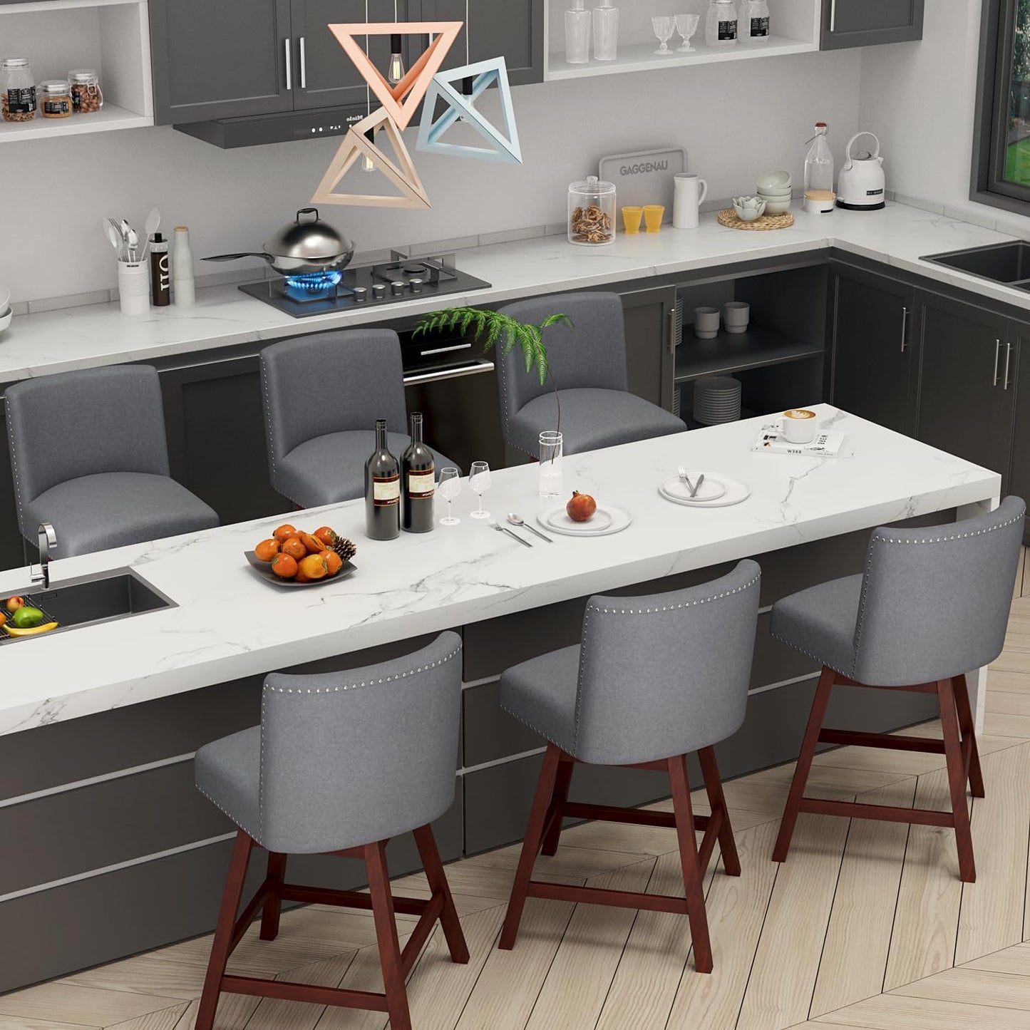 Counter Height Barstools Set of 6,360° Swivel Bar Stools with Back,26 inch Modern Counter barstools,Upholstered Bar Tall Stools for Kitchen Counter,Kitchen Island,Bar, Home (Dark Gray, SET OF 6)