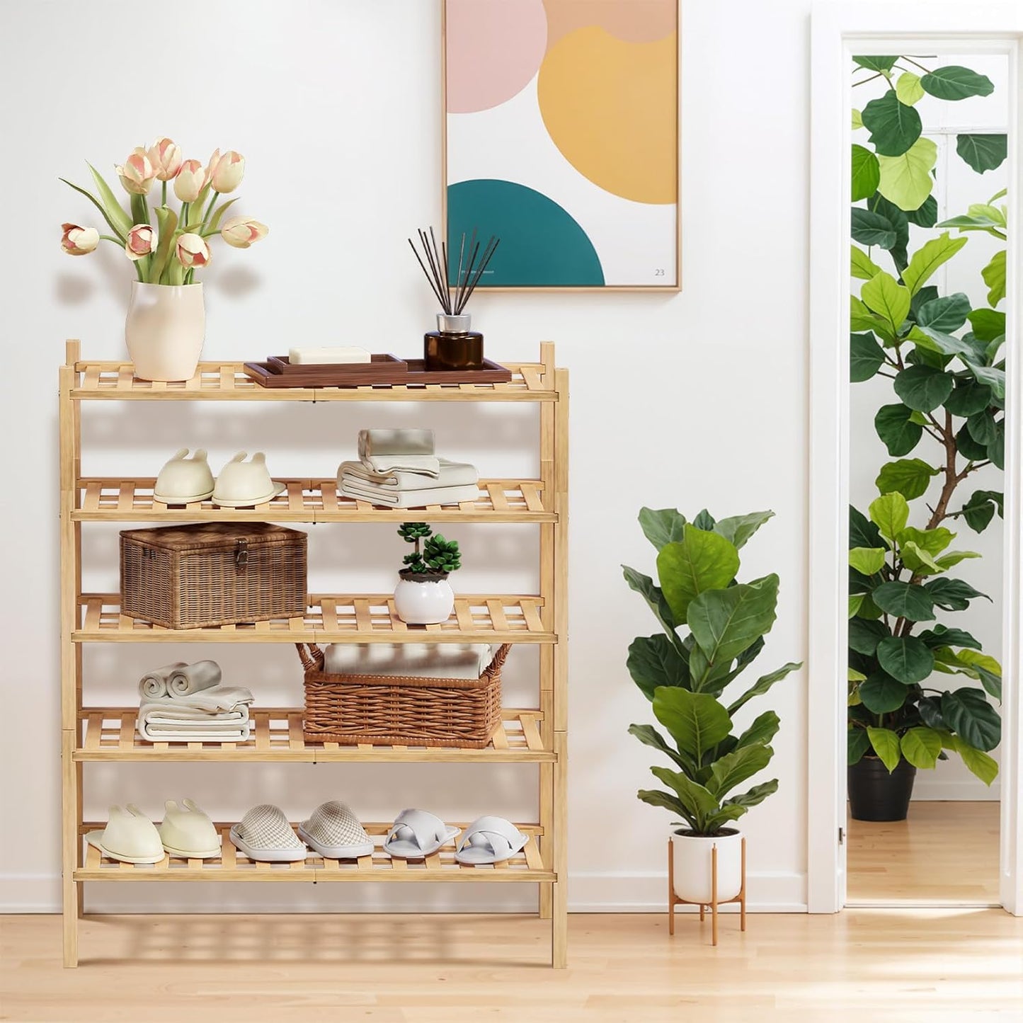 Haddockway 5 Tier Bamboo Shoe Rack Storage Organizer, Multifunctional Free Standing Stackable Shoe Shelf with Grid Panel for Closet,Hallway,Entryway,Small Space 27"x11"x32" (Natural, 5 Tier)