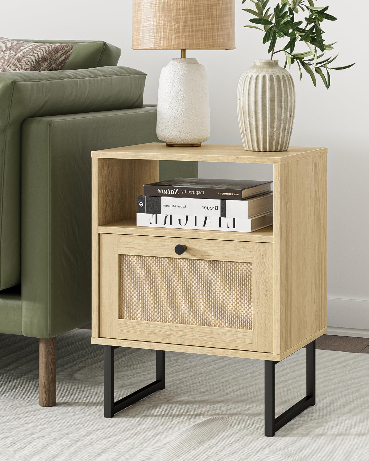 Masupu Rattan Nightstand,Modern Boho Farmhouse Wood Bedside Table with Storage Drawer and Open Shelf,Small Black Frame Side End Table for Bedroom,Living Room,Office (Natural)