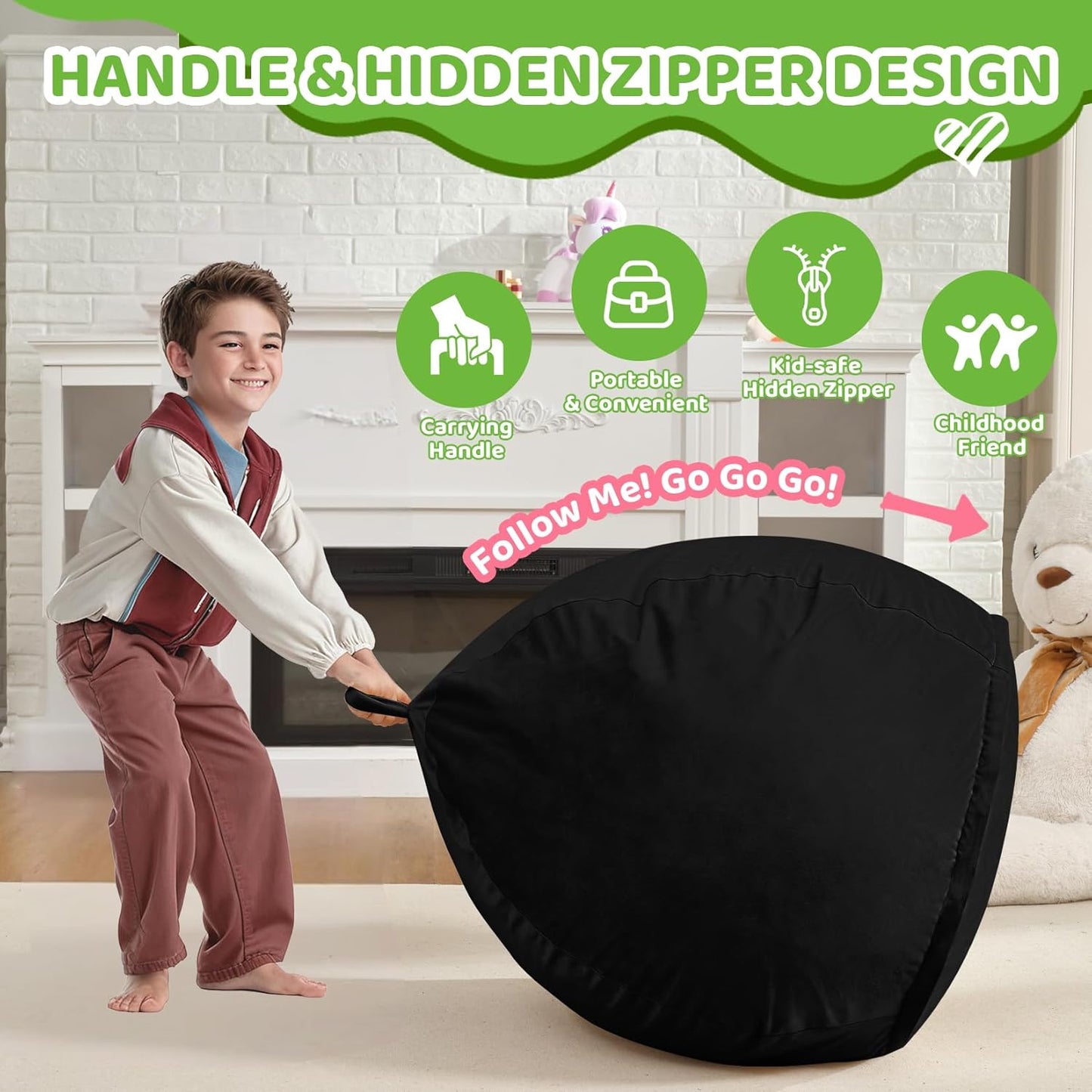 2FT Bean Bag Chair, Comfy Bean Bag Chairs with Memory Foam Filled, Fluffy Beanbag Sofa with Dutch Velvet Cover, Teardrop BeanBag Chairs for Living Room, Playroom - Black