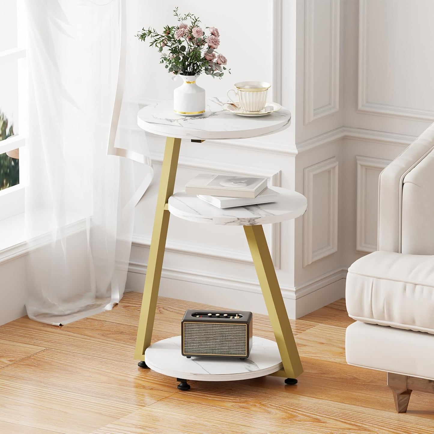 BEWISHOME Round End Table Marble Side Table with Metal Frame, Small Nightstand with 3-Tier Shelves, Night Stand for Living Room Bedroom Tall Gold White Stand KTZ41J