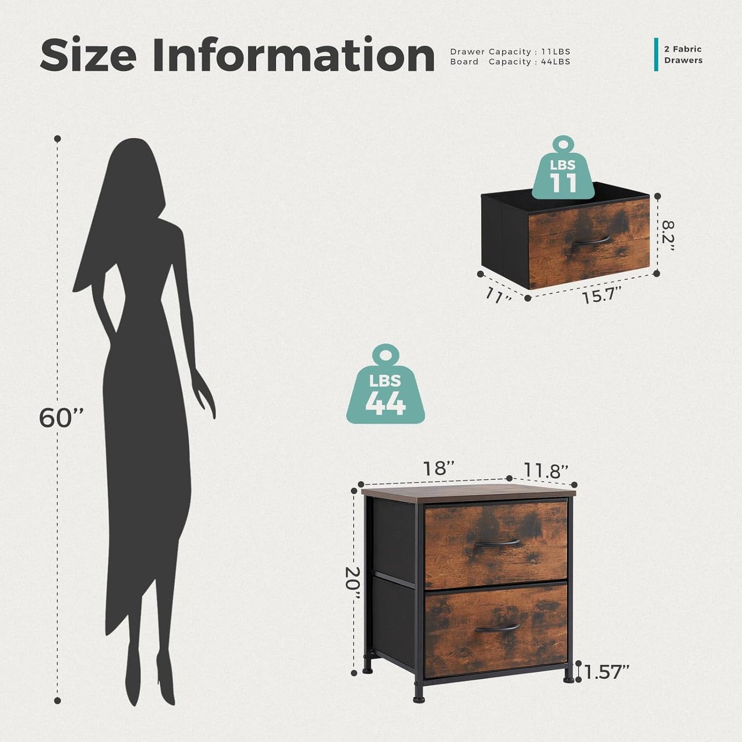 DUMOS Nightstand Small Dresser with 2 Fabric Drawers Side Bedroom End Table Kids Bedside Storage Furniture for 20 inch Tall Night Stand for Closet, Entryway, College Dorm, Rustic Brown