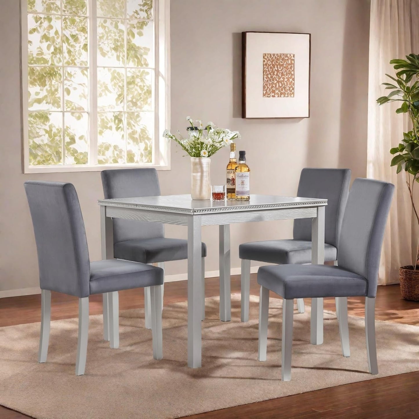 Dining Table Set for 4, 5-Piece Dining Room Table Set with Square Crystal Decoration Table & 4 Upholstered Backrest Chairs, Counter Height Kitchen Sets with Faux Wood Grain Design, Grey