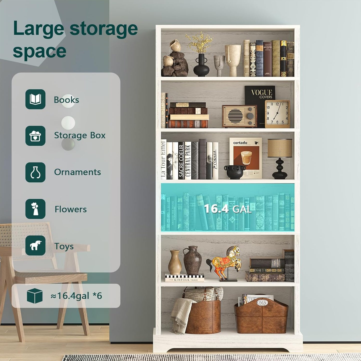 TVU 6 Shelf Bookcase, Freestanding Open Bookshelf, Tall Book Shelf, 11.8" D x 31.5" W x 77.2" H, for Living Room, Dining Room, Study, Office, Antique White