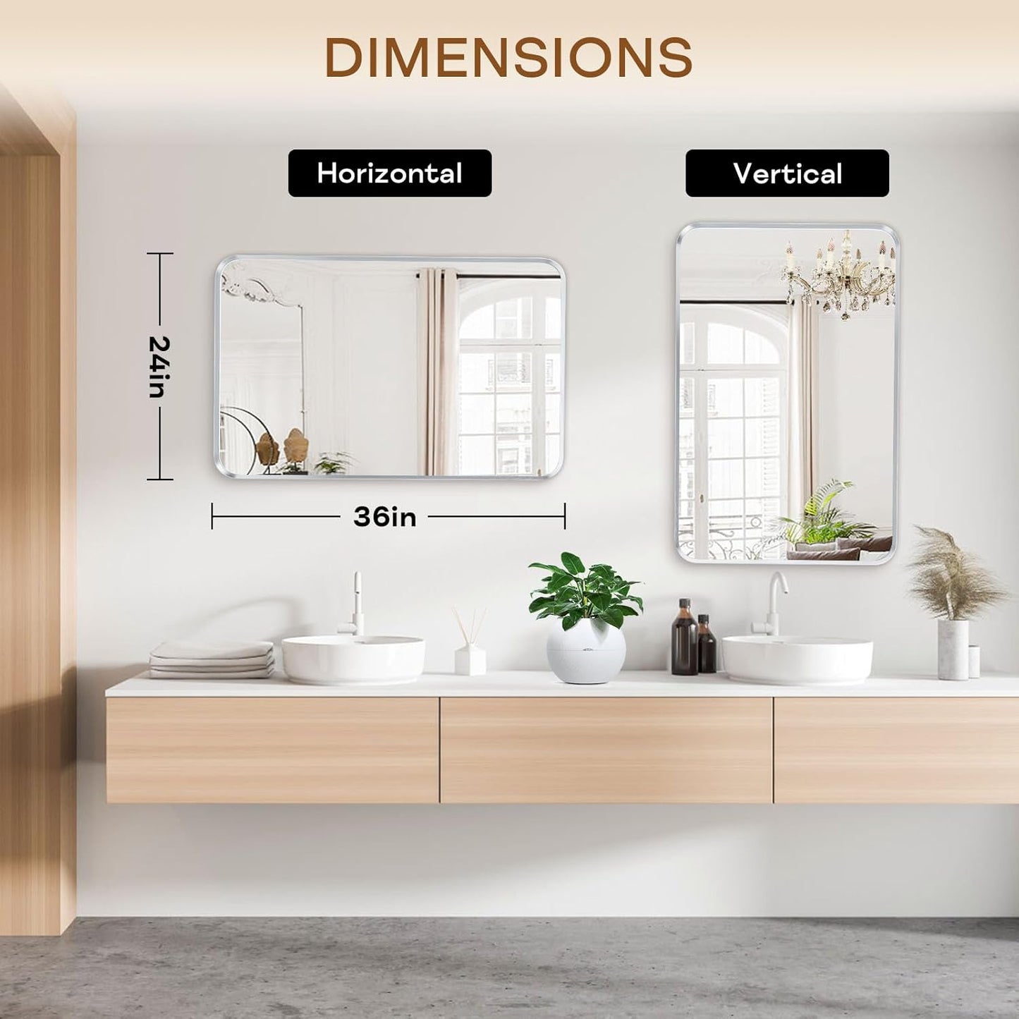 Wall Mount Mirror for Bathroom, Brushed Silver Metal Framed Rounded Corner Rectangular Vanity Mirror (24" x 36", Silver)