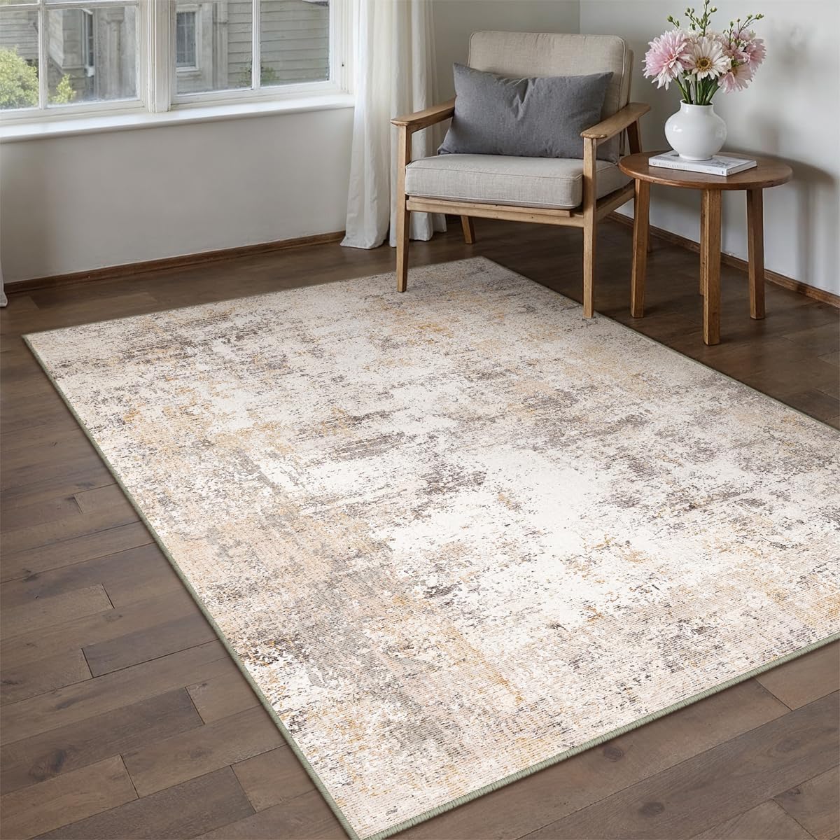 4x5 Washable Area Rug Beige Grey Neutral Abstract Entryway Kitchen Non Slip Low Pile Throw Rug Living Room Bedroom Indoor Doormat Soft Carpet for Entrance Bathroom Office