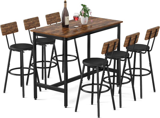 Dining Table Set for 6, 7-Piece Bar Table Set, Kitchen Table and Chairs, Counter Height High Top Table with 6 PU Upholstered Stools, Space-Saving Pub Tables Set for Small Space, Brown