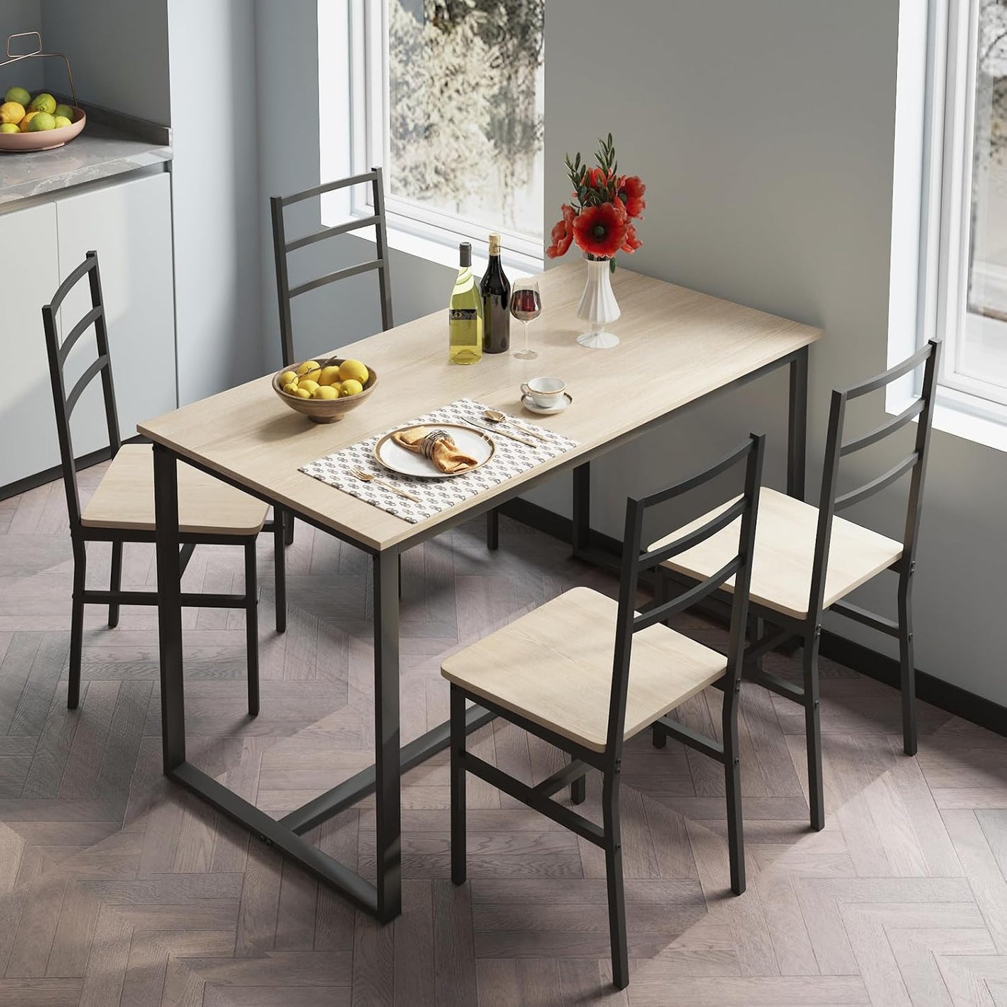 5-Piece Dining Table Set with 4 Chairs, 47.2" Kitchen Table Chairs Set of 4, Rectangular Industrial Style Dining Room Table Set with Backrest, Perfect for Small Space, Beige