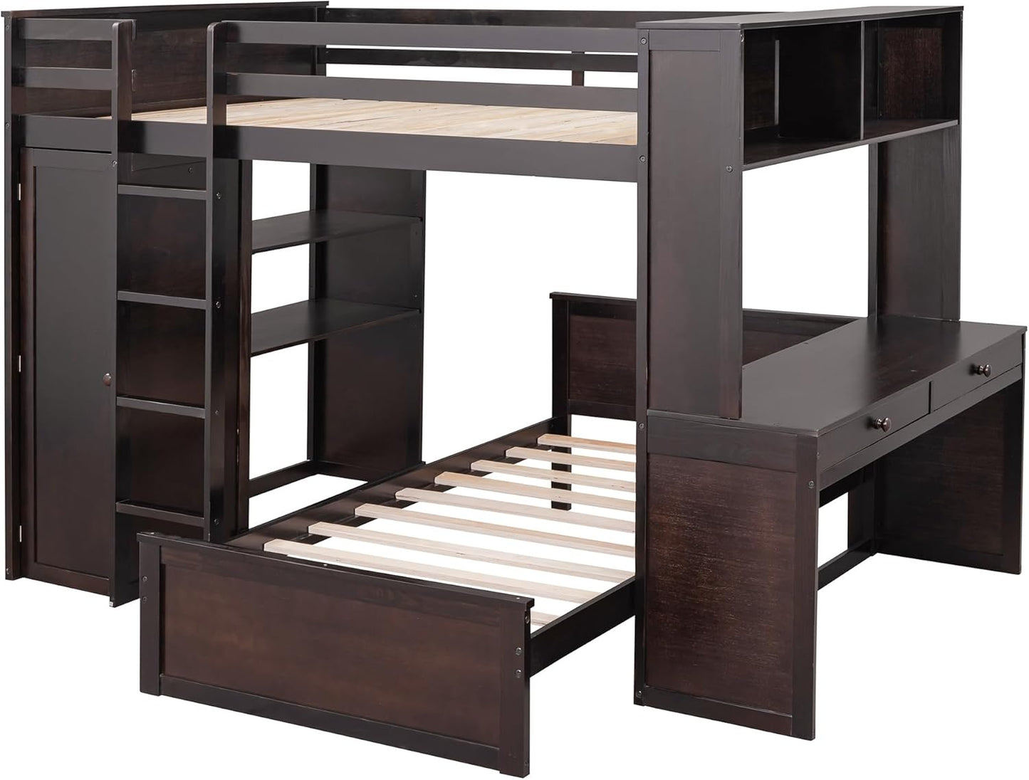 Full Size Loft Bed with Wardrobe Desk and Shelves,Solid Wood Bunk Stand-Alone Platform Bedframe,w/Safety Guardrail,for Kids Teens Adults Bedroom,Espresso